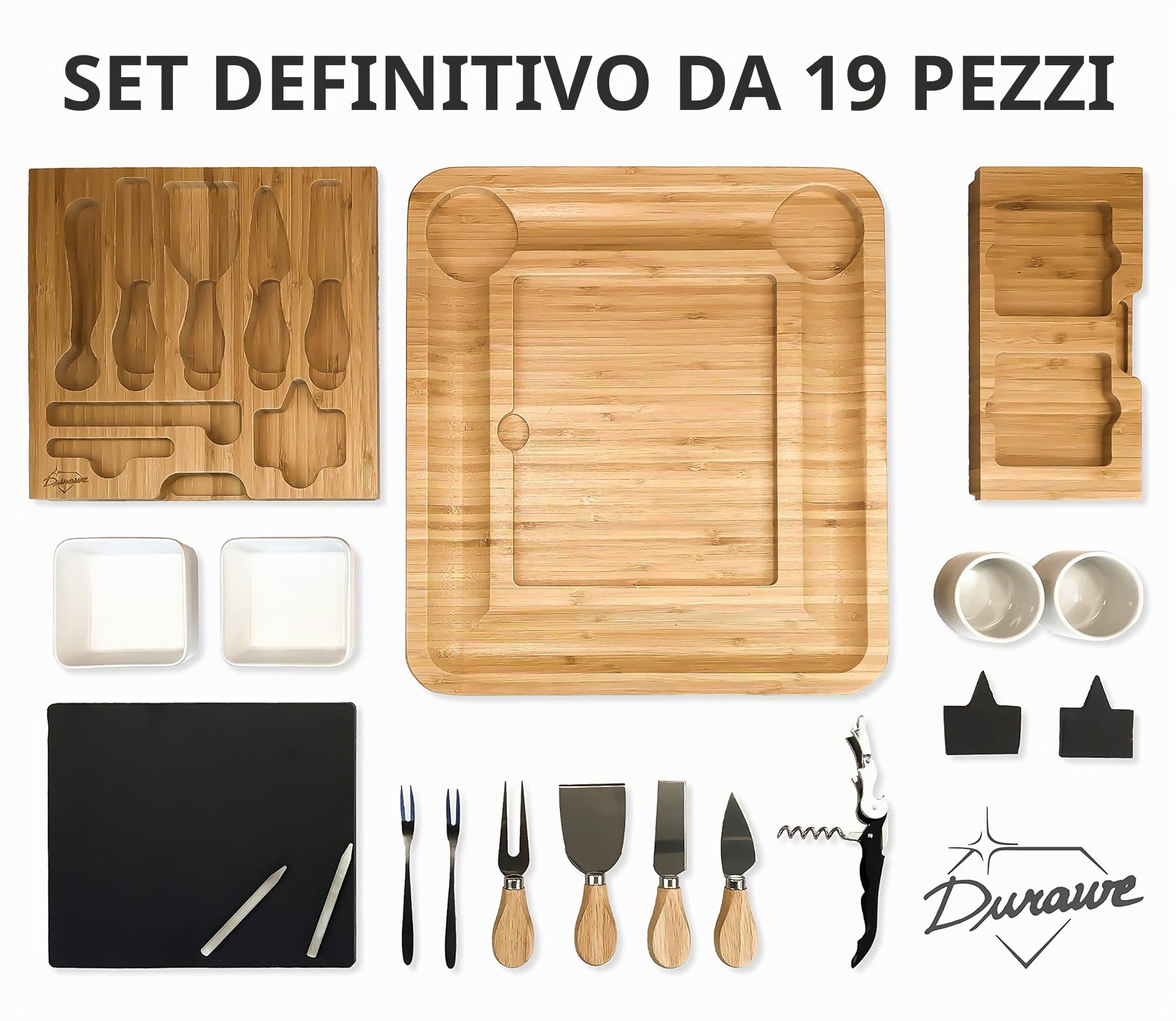 Tagliere in Bambù per Formaggi e Set di Coltelli, Ciotole di Ceramica e Apribottiglie – Tagliere Salumi Legno, Ideale per Serate Gourmet, Regali di Compleanno, Nozze, Mamme