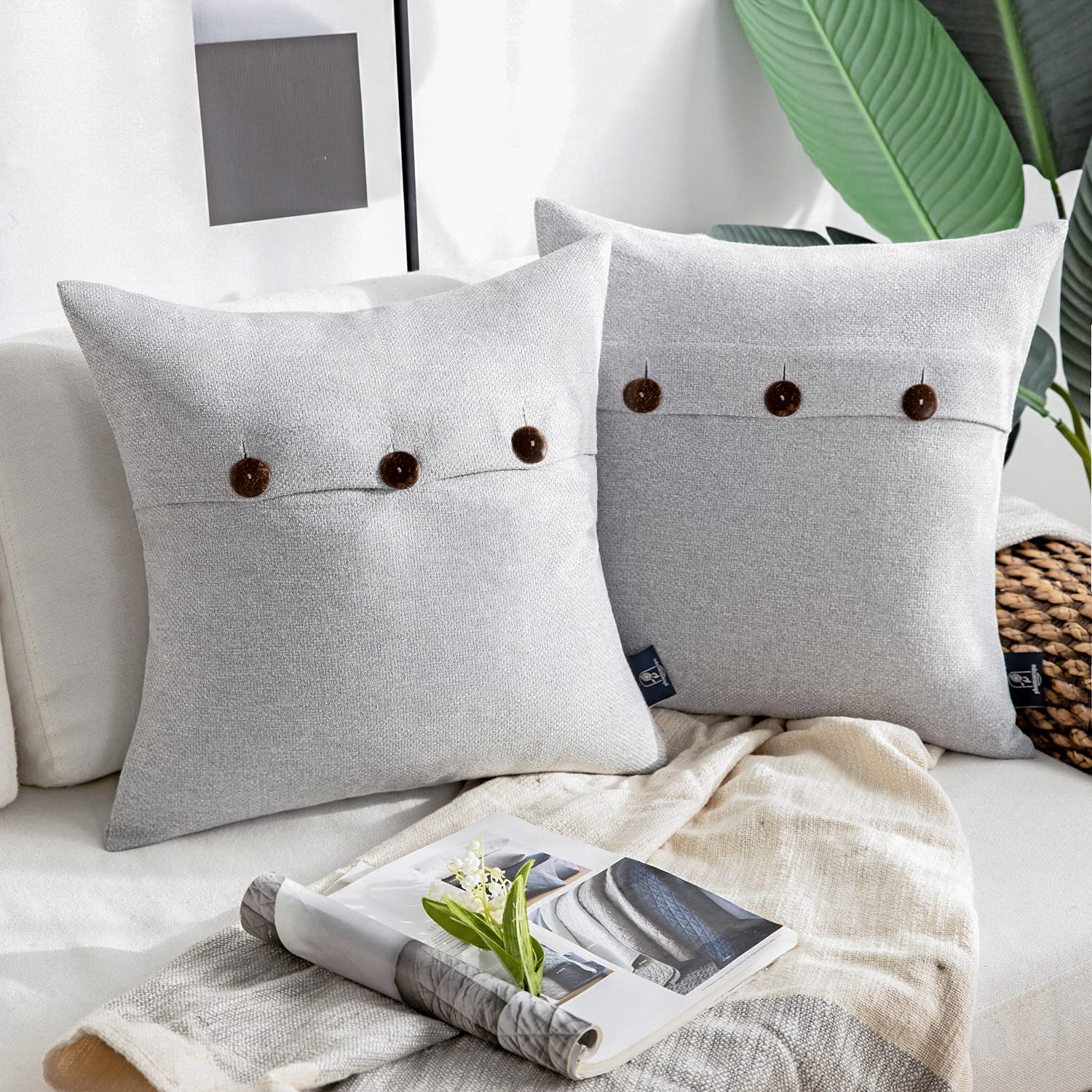 Phantoscope Farmhouse Throw Pillow Covers Triple Button Vintage Linen Solid Decorative Pillow Cover for Couch Bed and Chair Light Grey, 20 x 20 inches