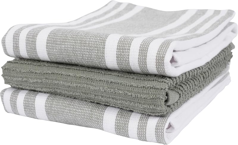 KAF Home Set of 3 Merritt Stripe Dual Purpose Terry Kitchen Towels - 18 x 28 - Sage Green
