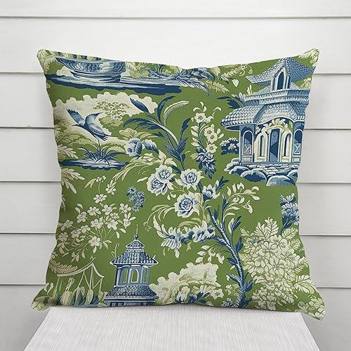 Miniatura 3 de Funda de almohada de jardín con diseño de pagoda, estilo chinoiserie, color verde, funda de cojín asiática, 18 x 18 pulgadas, decoración rústica del