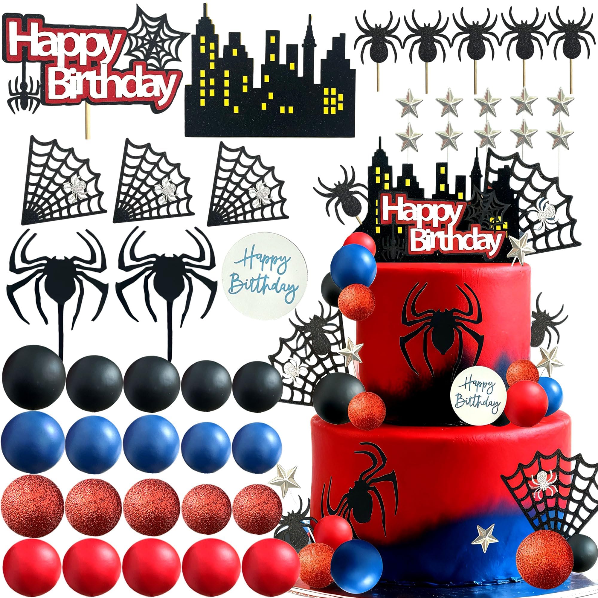 Tyotrbs 44PCS Superhero Birthday Cake Decoration Superhero Party Favors Cupcake Decor Spider Cake Decoration Spider Birthday Party