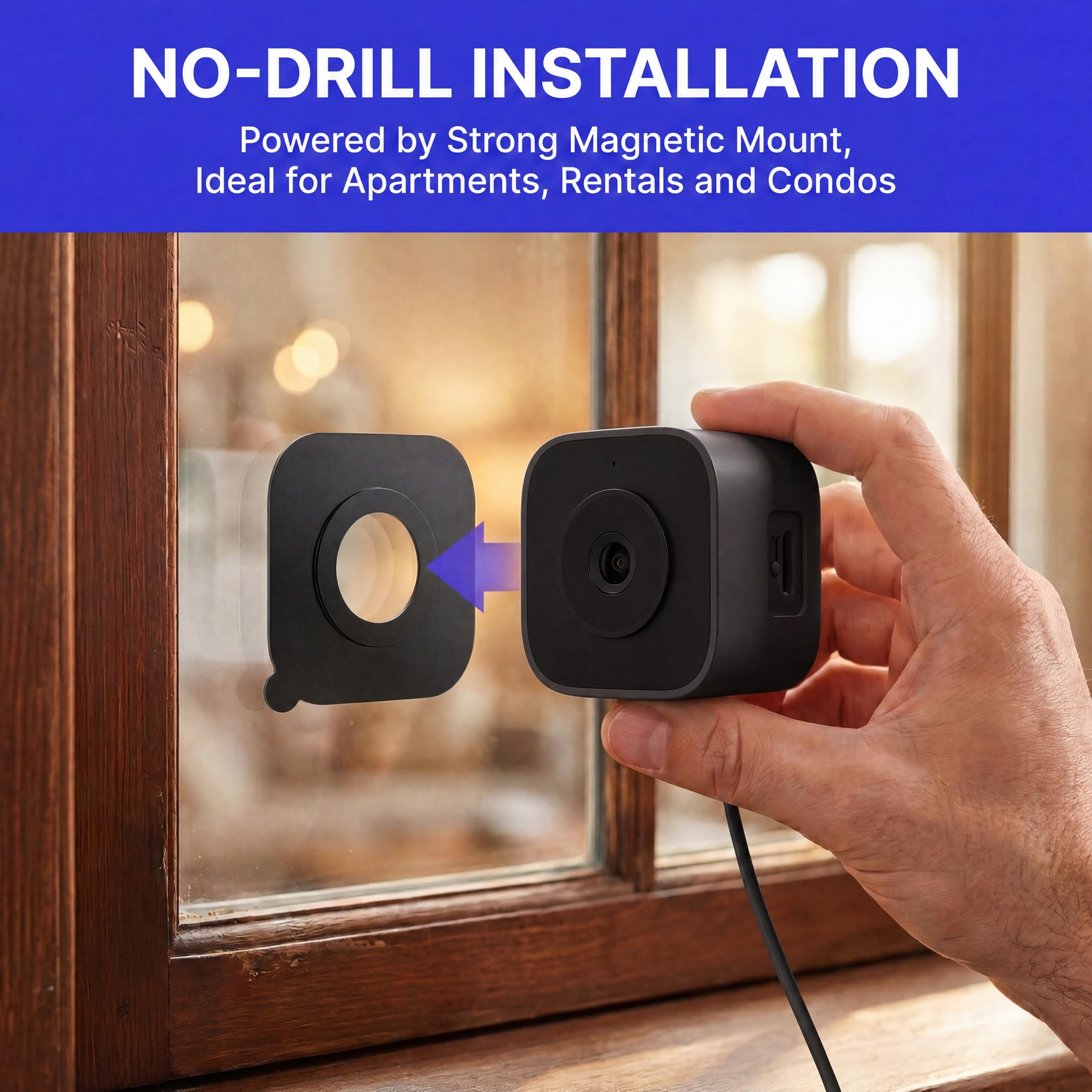 Cámara de ventana de 3 MP 2K, 2.4 GHz y 5 GHz WiFi6 cámara de seguridad para el hogar, cámara interior sin taladro para monitoreo al aire libre a través de vidrio, visión nocturna a todo color