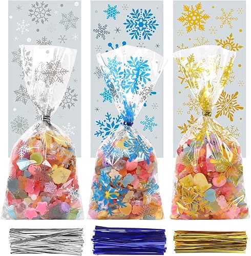 CCINEE 180 bolsas de celofán de Navidad para niños, bolsas de regalo de copo de nieve de Navidad con lazos metálicos para suministros de fiesta,