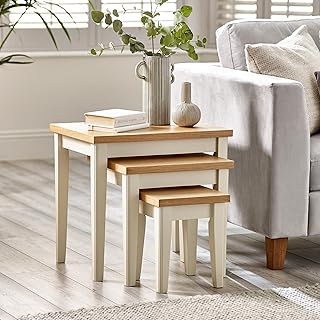 Furniturebox UK Set of 3 Wooden Nesting Tables - Eden Solid Wood Nested Tables - Pale Oak Veneer Tops Cream Legs - Modern Farmhouse Traditional Living Room Furniture - Solid Rubberwood