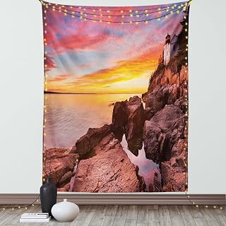 Ambesonne National Parks Tapestry, Lighthouse on the Harbor Sea Shoreline with Horizon Sky New England Design, Wall Hanging for Bedroom Living Room Dorm Decor, 60" X 80", Multicolor