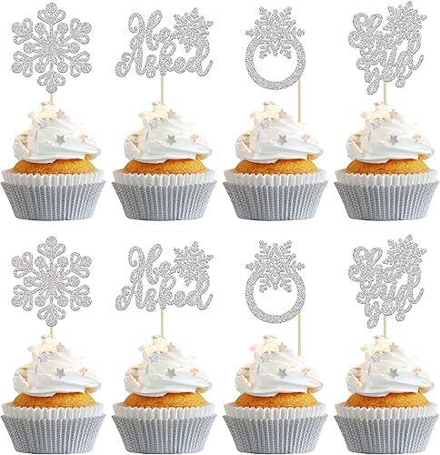 Gyufise 24 piezas de copos de nieve plateados con purpurina para cupcakes con purpurina para decoración de invierno, boda, aniversario, despedida de
