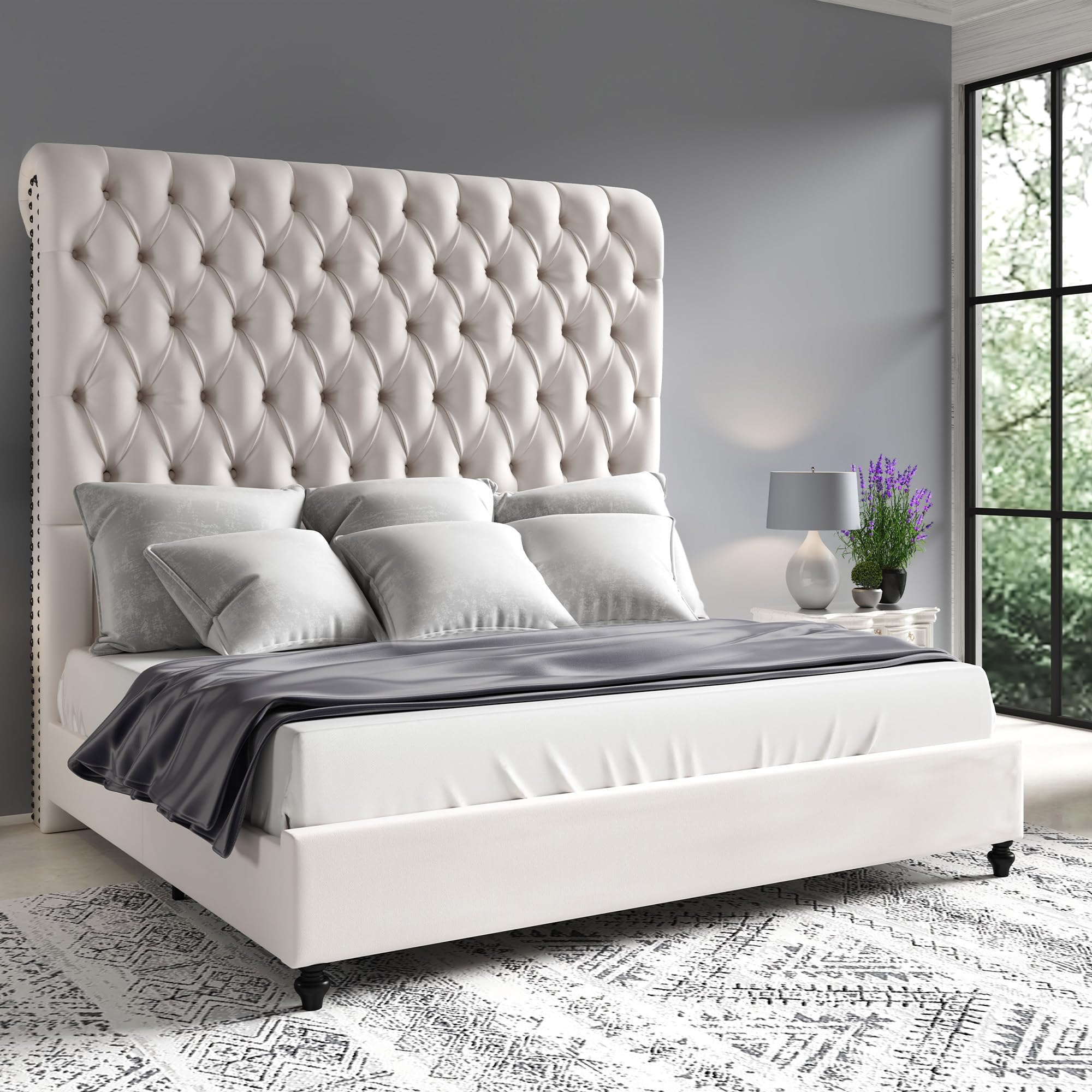 Jocisland Queen Size Bed Frame with 59" Tall Upholstered Headboard, Luxury Velvet Bed with Handcrafted Deep-Tufted Design and Solid Wood Legs, Noise-Reducing Platform, No Box Spring Needed, Cream