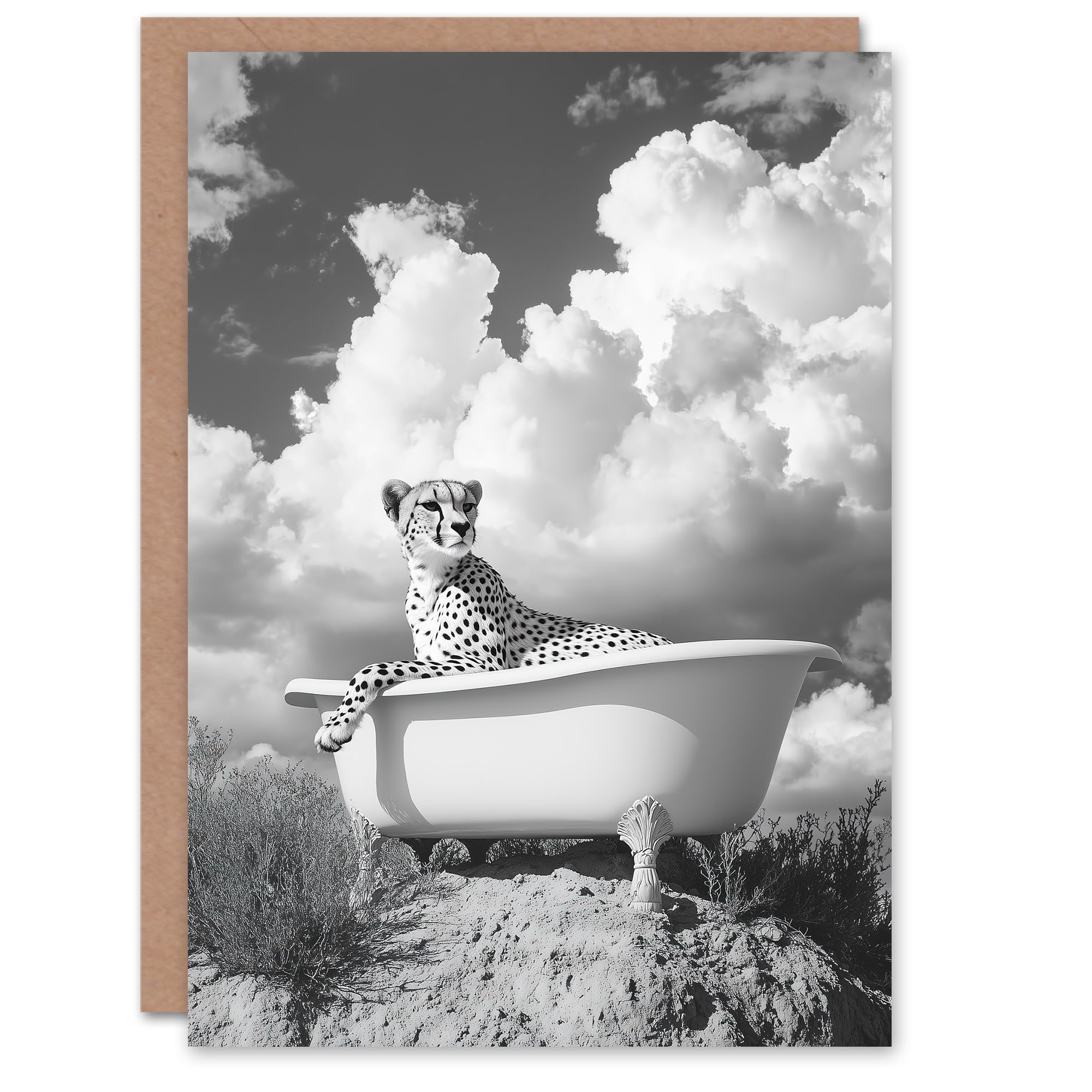 Artery8 Greeting Card Cheetah in Bathtub Black White Desert Surreal Blank For Him Or Her Art Birthday Card