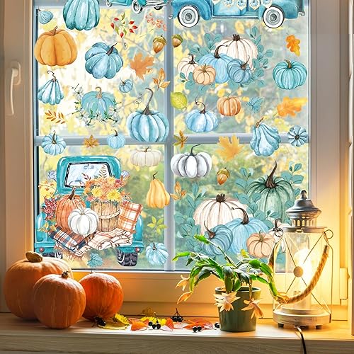 Miniatura 4 de Whaline 9 hojas de calcomanías de otoño para ventana, calabazas de acuarela de doble cara, calabazas azules, hojas de arce, camiones, calcomanías