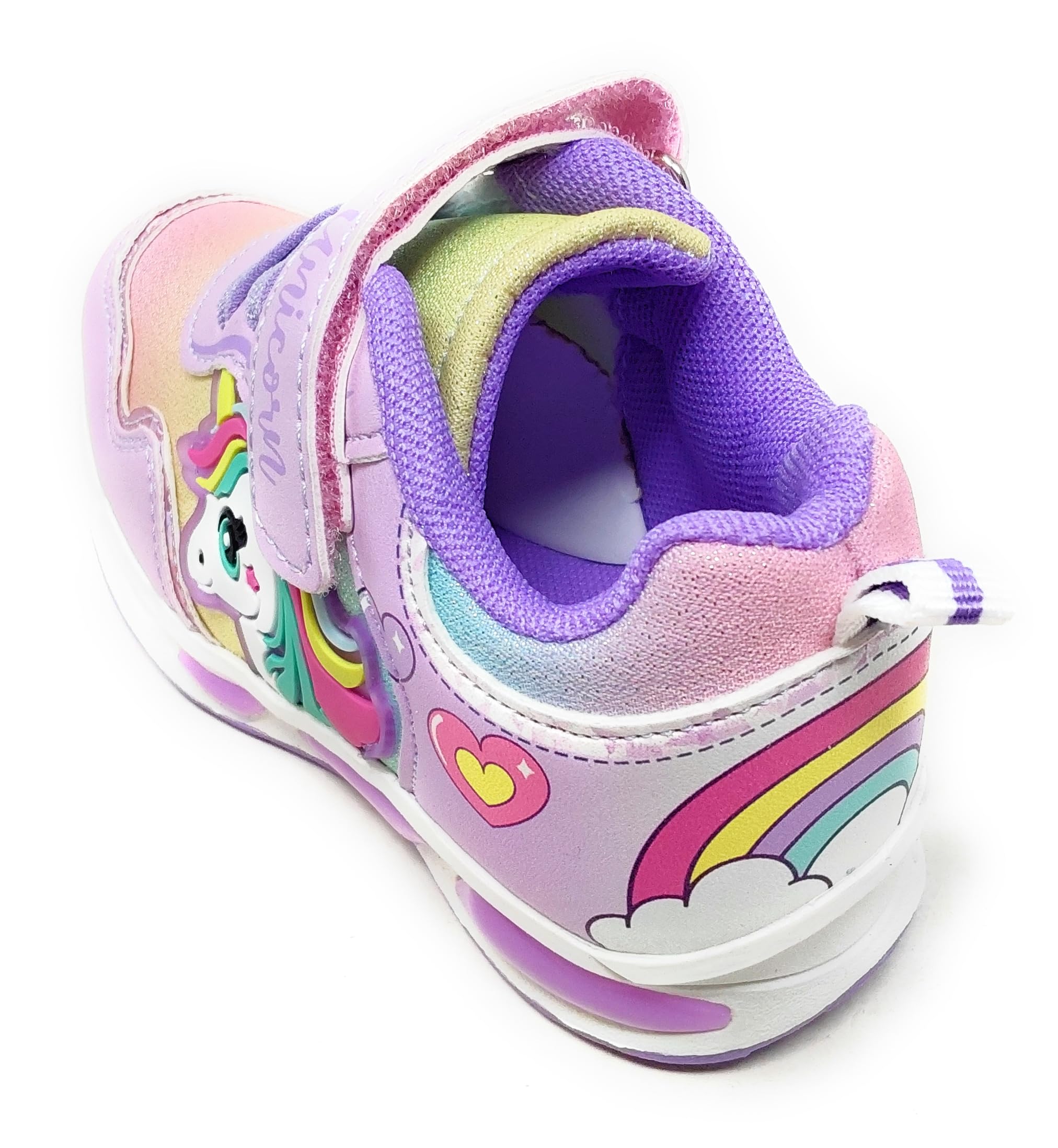 Zapatillas de niña S8010207T con unicornio, lila con purpurina, con tirantes, luces integradas en la entresuela y en el lado de las zapatillas