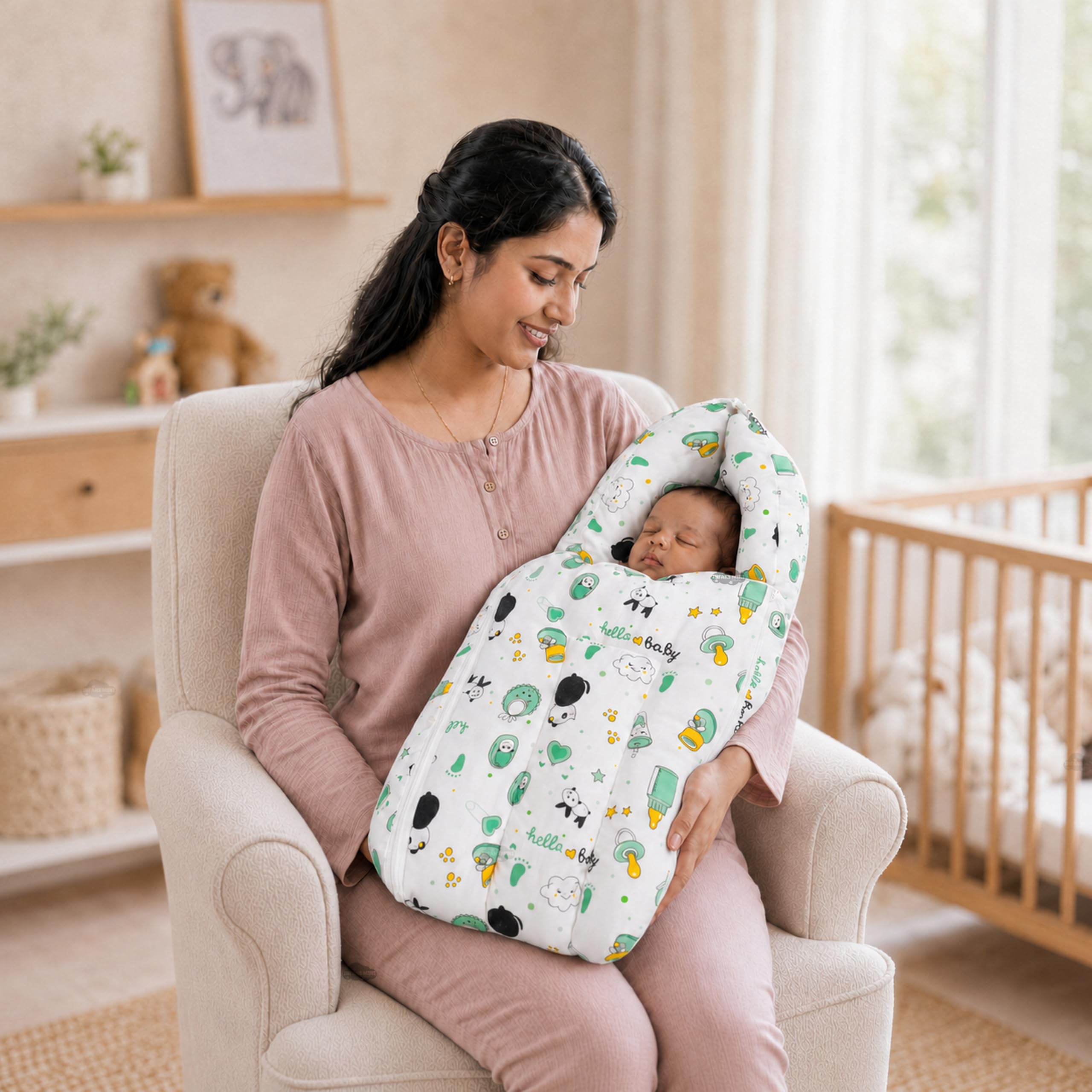 Infans Mini Baby Bed, Sleeping Bag & Carry Nest Cotton|3 in 1 Convertible Portable Bassinet-Nest|Unisex New Born Sleeping Bed for 0-6 Months (Panda Green)-image-4