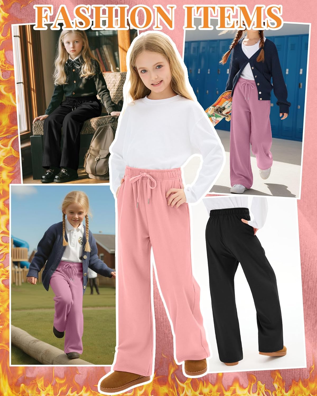 3 Pack Girls' Fleece Sweatpants Wide Leg Drawstring Casual Kids Joggers Open Bottom Loose Teen Pants with Pockets - Image 2