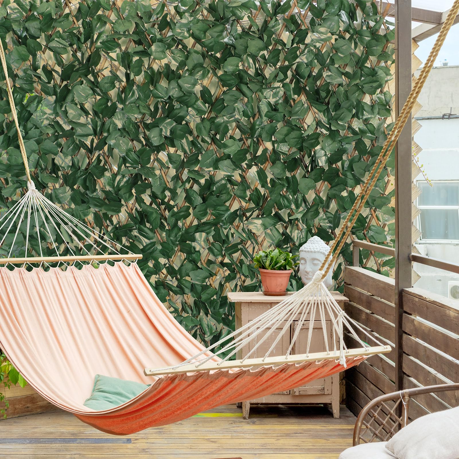 Erweiterbarer Gitterzaun 100x200cm flexibel ausziehbar aus Weide mit künstlichem Blattwerk aus Ahornblätter, Sichtschutz Zaun und Dekoration für Wohnzimmer, Garten, Balkon und Terrasse
