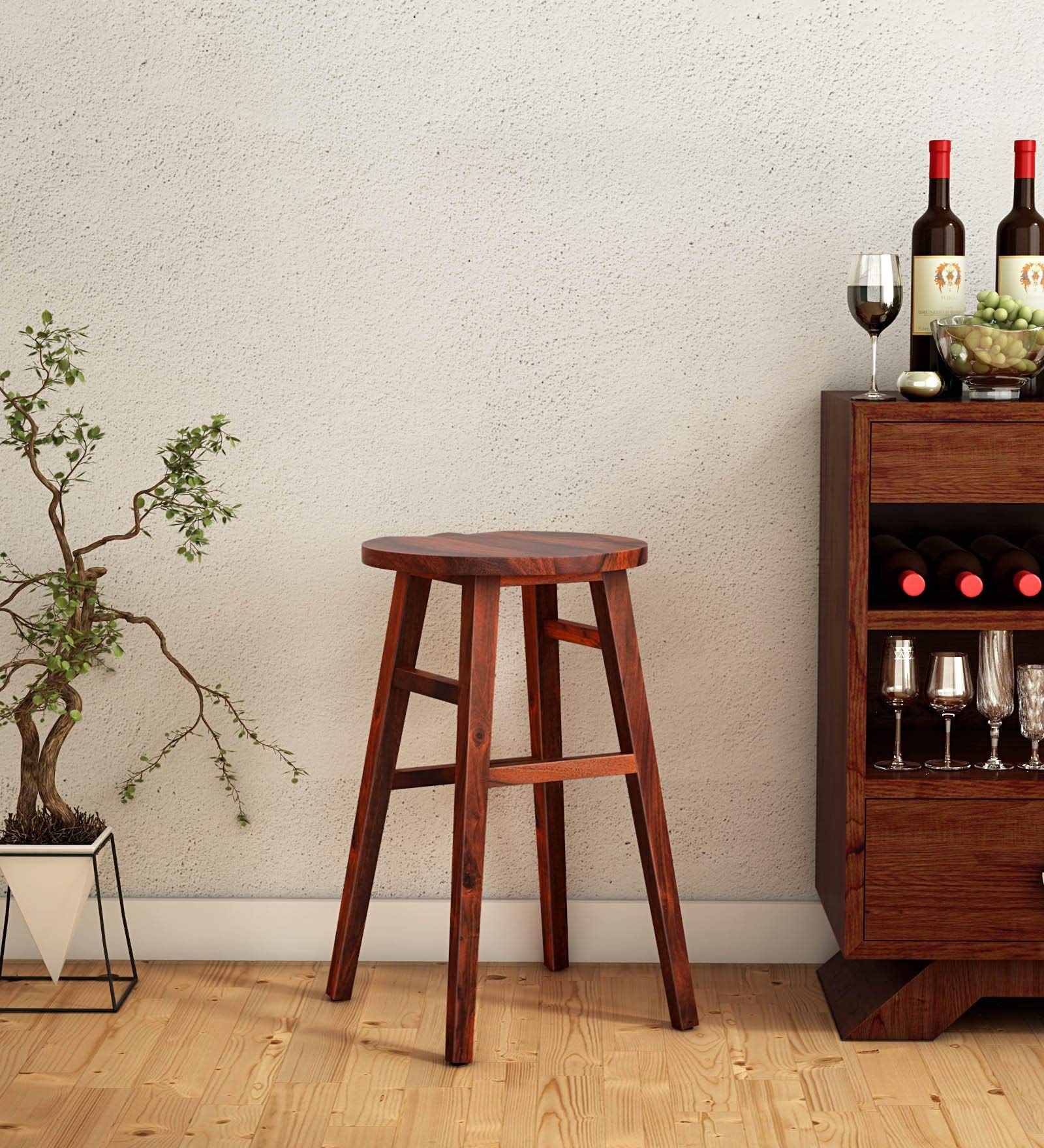 Custom Decor Solid Sheesham Wood Japanese Style Bar Stool - Teak Finish-image-42