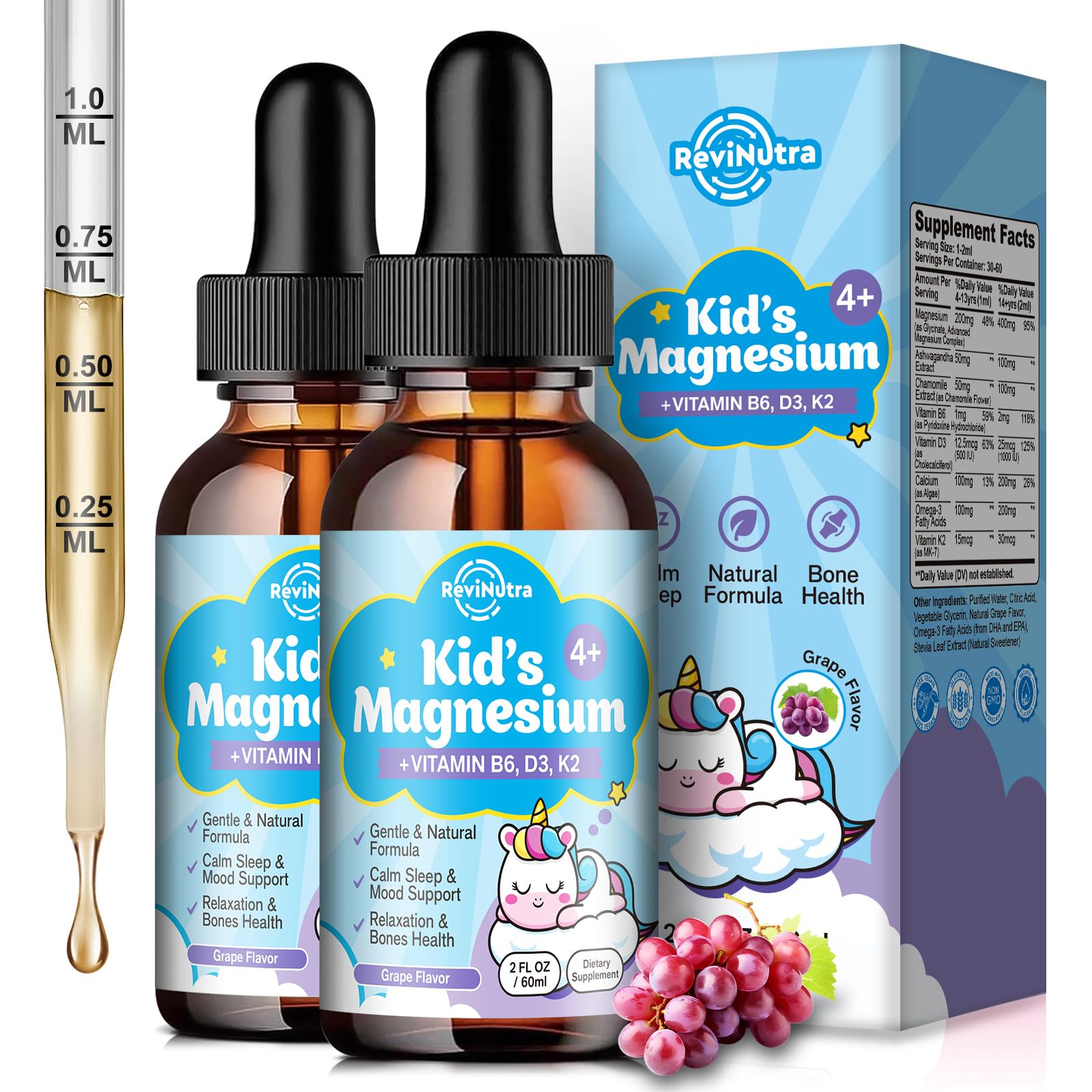 2 Pack Kids Magnesium Glycinate Liquid Drops with Omega-3, Ashwagandha, Vitamin B6, D3, K2, Calcium &amp; Chamomile - Magnesium Drops for Kids Sleep, Calm, Focus, Brain &amp; Mood - Grape Flavor