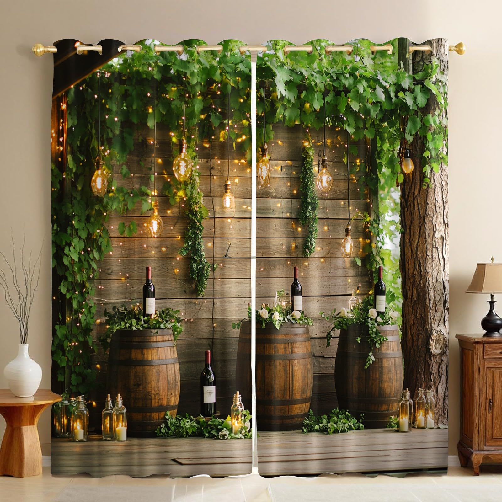 Thermovorhänge Blickdicht Verdunkelung Lichterketten und Holzfässer mit Ösen, Energiesparende Gardinen Grün mit Wärmeschutz für Wohnzimmer Kinderzimmer, 2er Set H245 x B140 cm