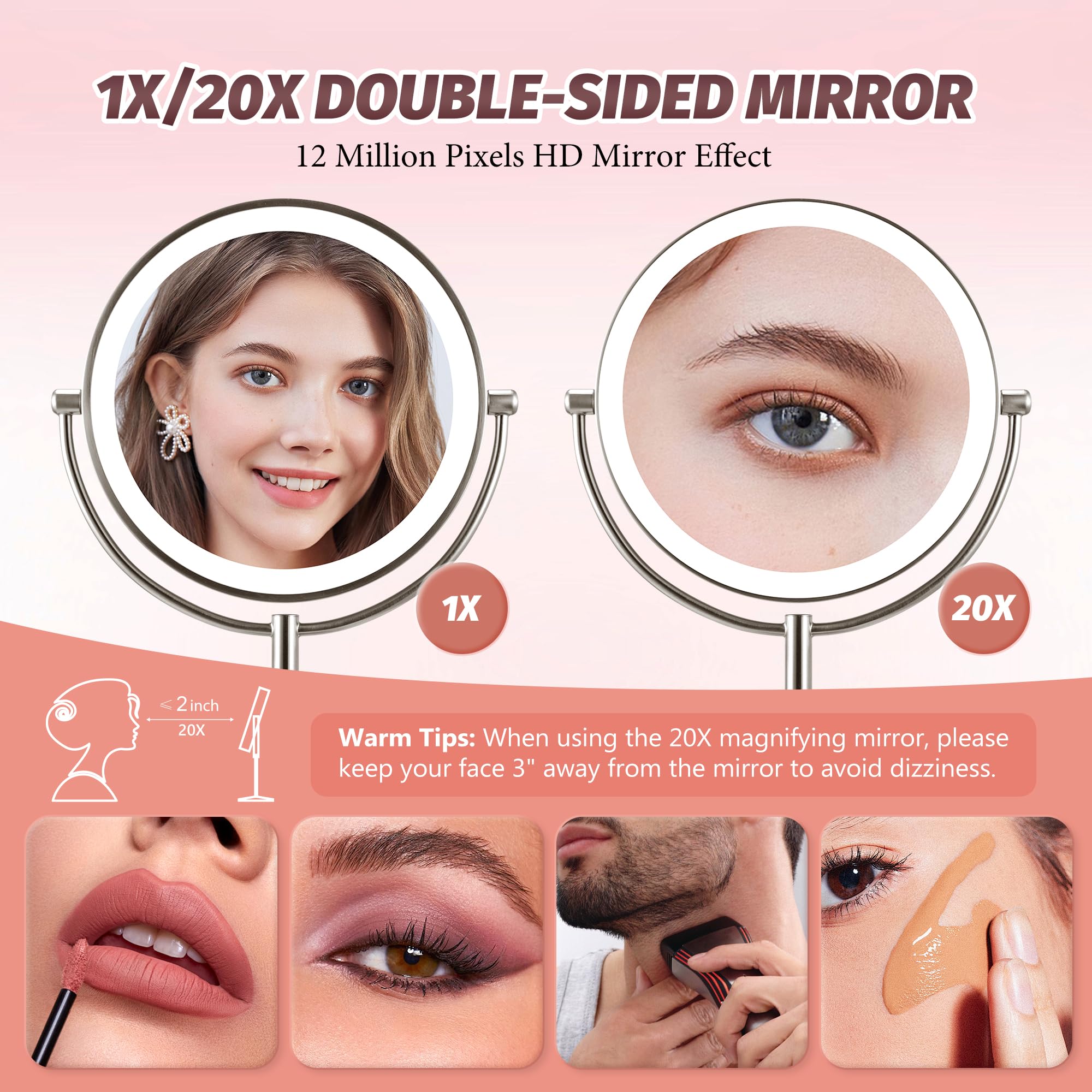 Espejo de maquillaje iluminado de 9 pulgadas, espejo de aumento recargable 1X/20X con 3 luces regulables de color para mesa de dormitorio, carga base e interruptor, regalo para mujer