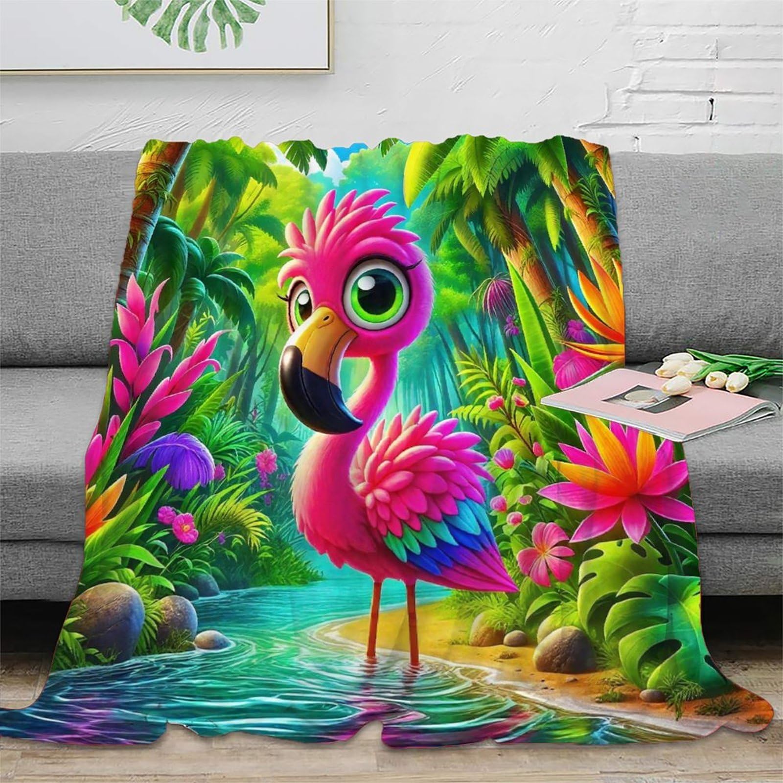 Couverture en peluche microfibre douce anti-froid lit et canapé motif flamingo 3D