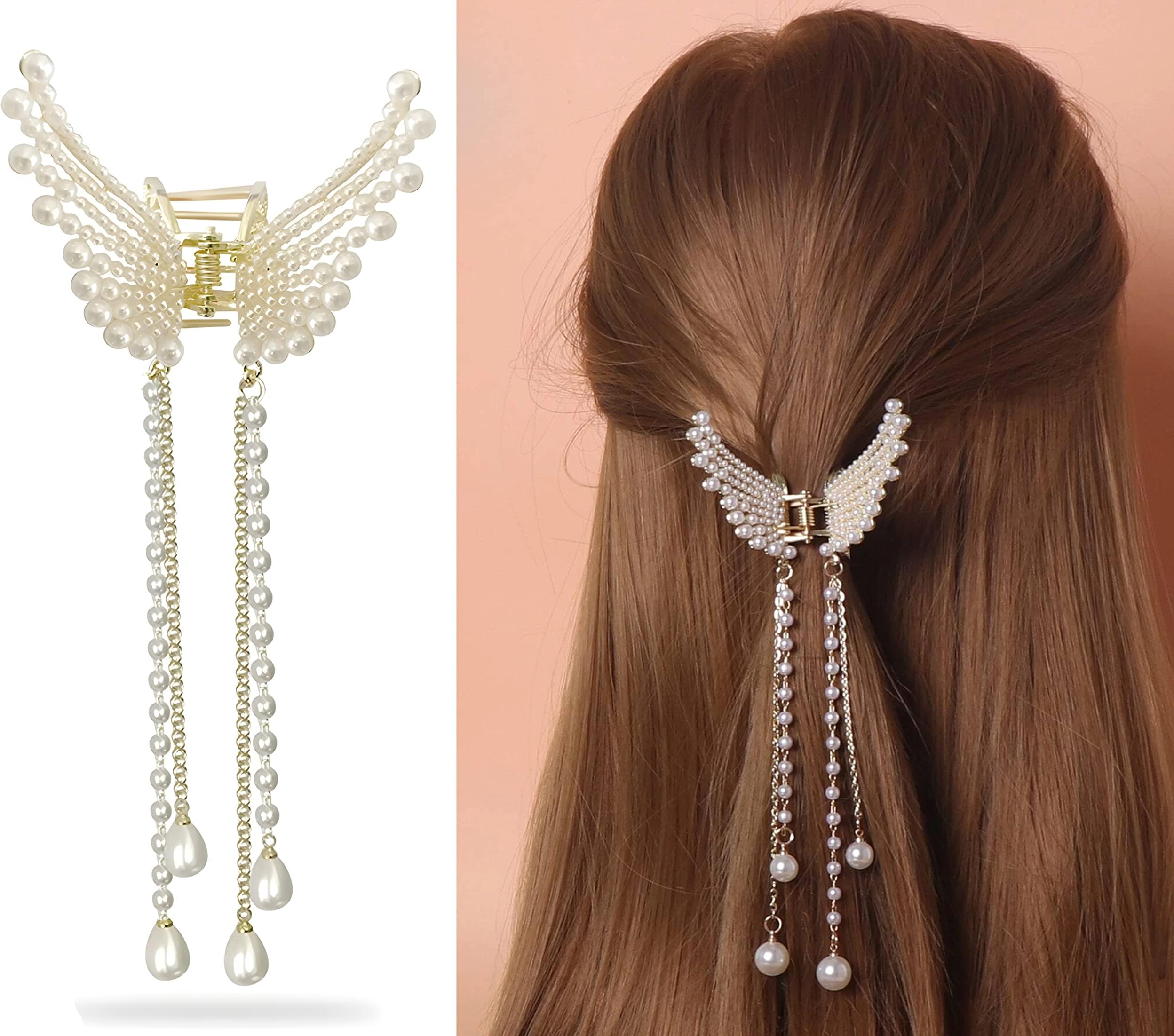 ANNACREATIONS 韓国スタイル パール メタル ヘアクラッチャー ゴールデン バタフライ チュスル付き バンスクリップ ヘアアクセサリー レディース ガールズ (1個)