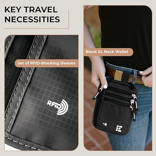 Vista 37 de Cartera para el cuello para viajes y pasaporte con bloqueo RFID, delgada y fácil de ocultar, bolsa de viaje de nailon para hombres y mujeres