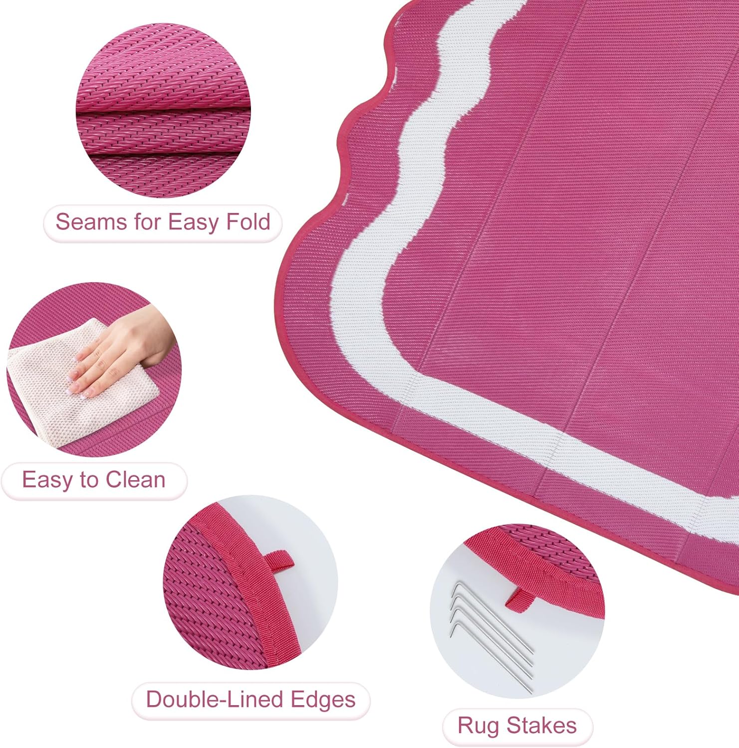 Uphome Outdoor Rug Waterproof 8x10, Large Reversible Pink Scalloped Patio Plastic Straw Rugs, Foldable Modern RV Camping Outside Carpet Mat for Pool Back Yard Deck Picnic, 8 x 10 ft