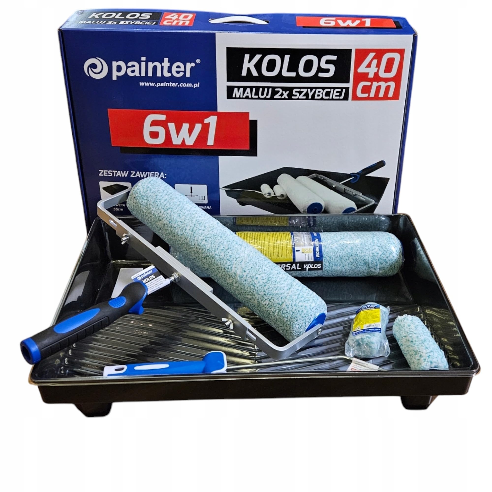 PAINTER - Komplettes Malerset 6in1, 2 Malerwalzen 10cm, 2 Farbwalzen 40cm, Verstellbarer Griff, Handgriff, Farbwanne, Einsatz für Farbschale, Komplettset für Malerarbeiten - Dual Professional