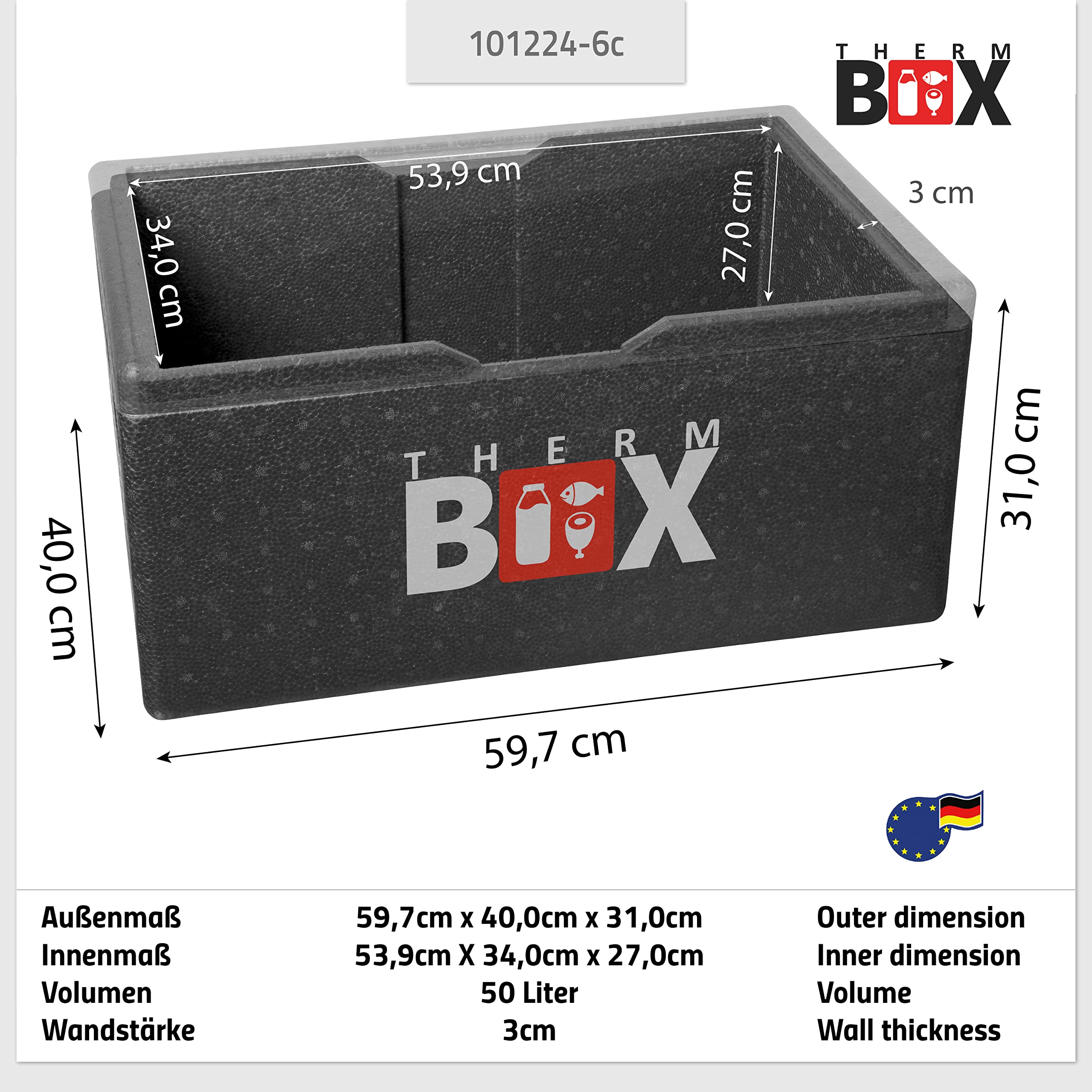 THERM BOX Profi Styroporbox Gastro GN XXL mit 5X Kühlakku Kühlbox 50L Innen: 54x34x25,5cm Transportbox Wiederverwendbar
