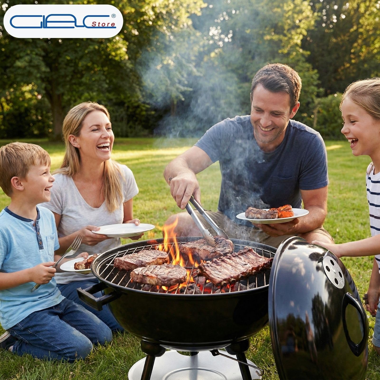 Barbecue a Sfera con Coperchio, Grill a Carbonella da Esterno, Ø 44 cm, 70 cm Altezza, con Ruote e Raccoglicenere, Nero