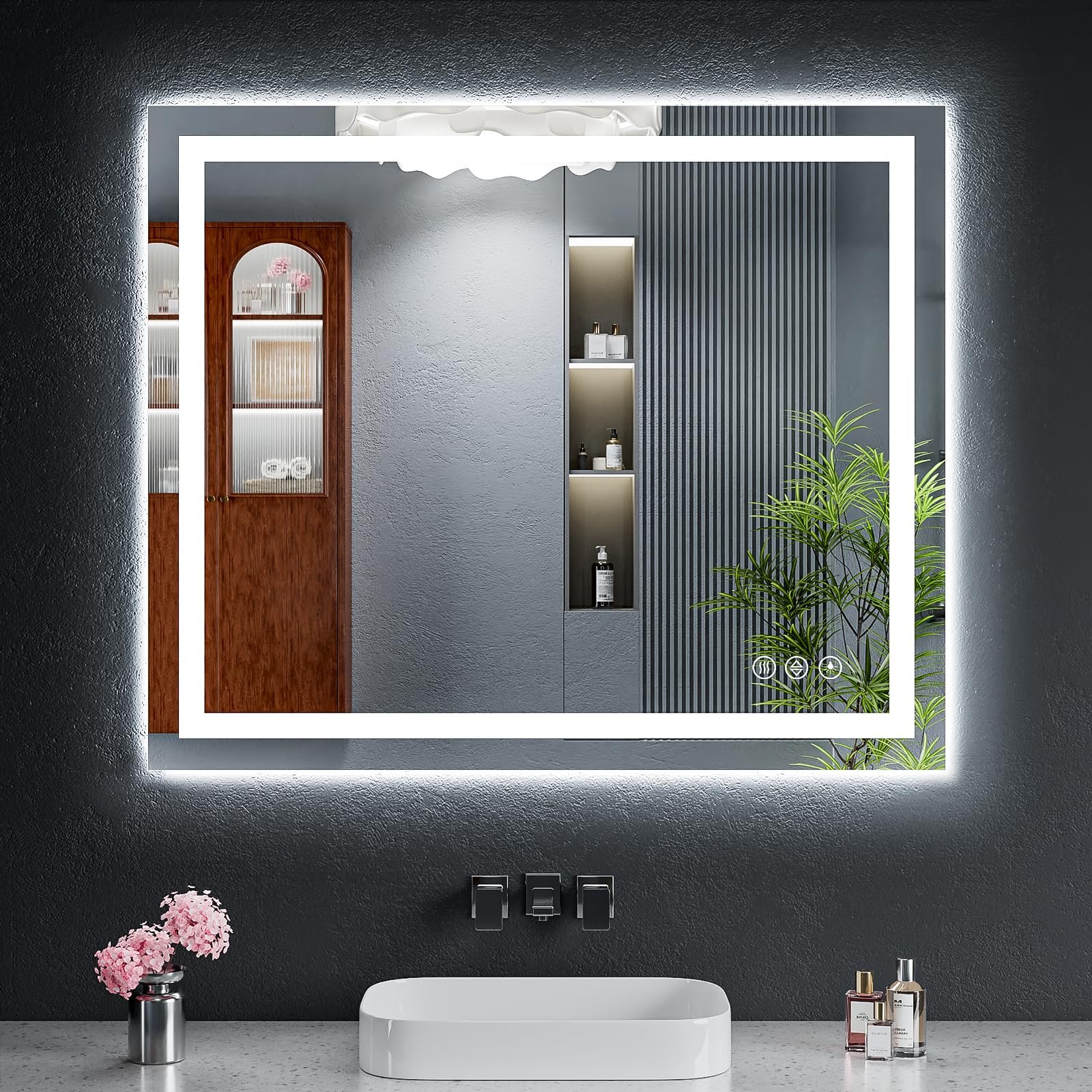 36"x30" led bathroom mirror with lights, backlit + front lit with cri>90, lighted mirror for bathroom, anti-fog, dimmable brightness, 3 colors, memory function, shatterproof tempered glass