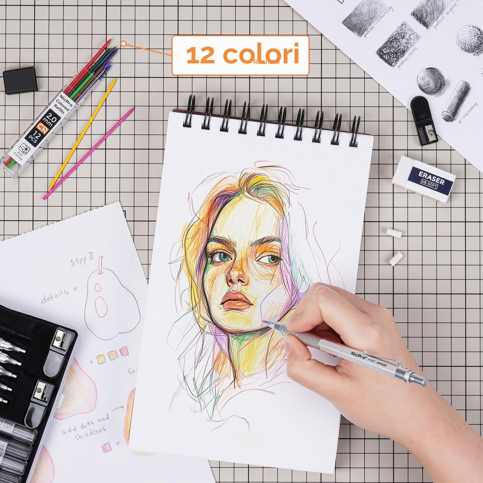 Nicpro 5 Pezzi Matita Meccaniche Set, Art Portamine 0.3-2mm con Ricariche, Temperamatita, Gomma per Disegno Artistico