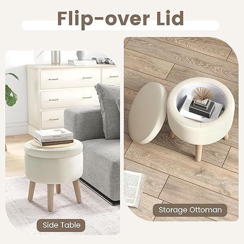 Miniatura 3 de GOFLAME Otomana redonda de almacenamiento con tapa abatible, reposapiés tapizado multifuncional con patas de madera de goma maciza, taburete de