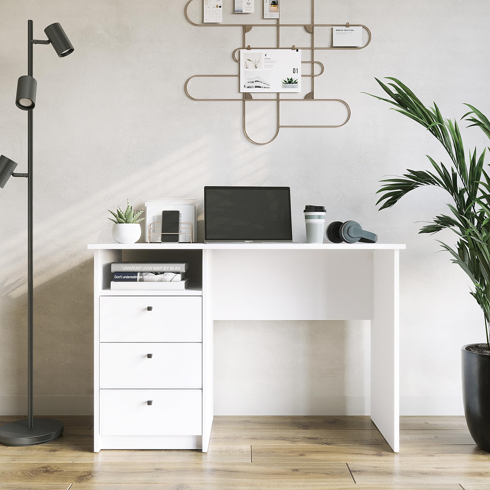 KOMTO Oslo - Scrivania con cassetti, scrivania da ufficio, piccolo tavolo da lavoro, scrivania per bambini, con spazio di archiviazione, colore bianco, 110 x 50 x 74 cm