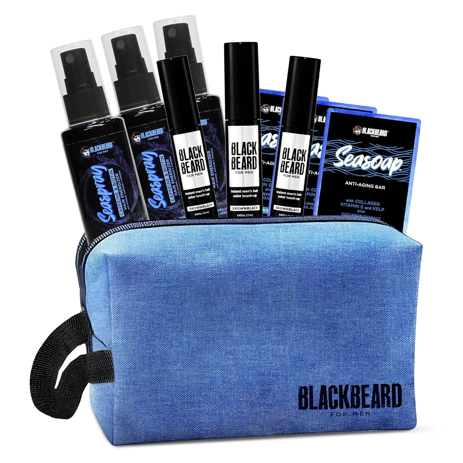 Blackbeard Kit para hombre, paquete de 3 tintes alternativos para barba, 3 Seasoaps, 3 Seasprays y 1 bolsa de afeitado (marrón negro, 3 pinceles, 3 x Seasoap 3 Seaspray)