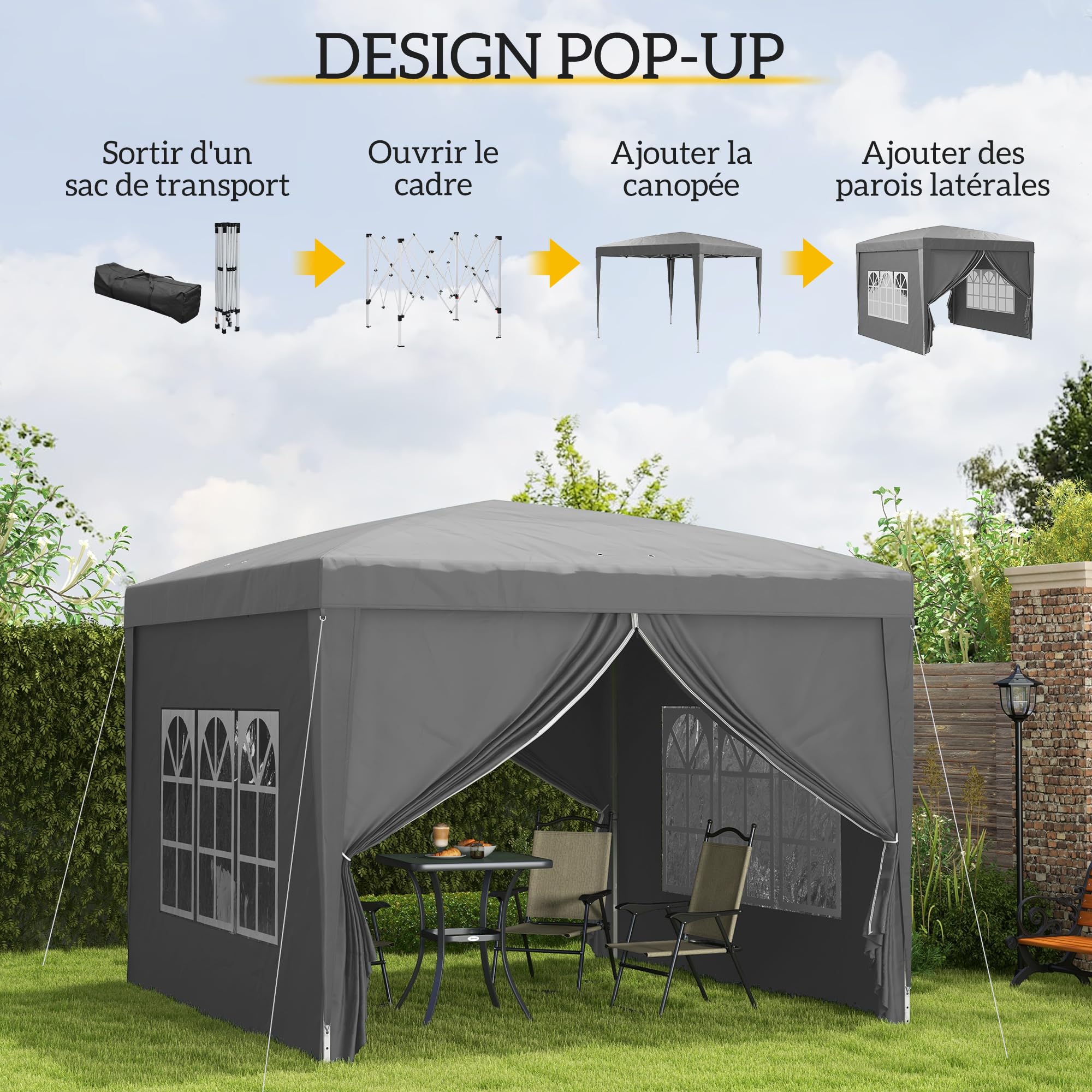 Outsunny Tonnelle de Jardin extérieure Tente de réception Barnum Pop-up Pliant 3 x 3 m 4 parois Amovibles + Sac de Transport Gris