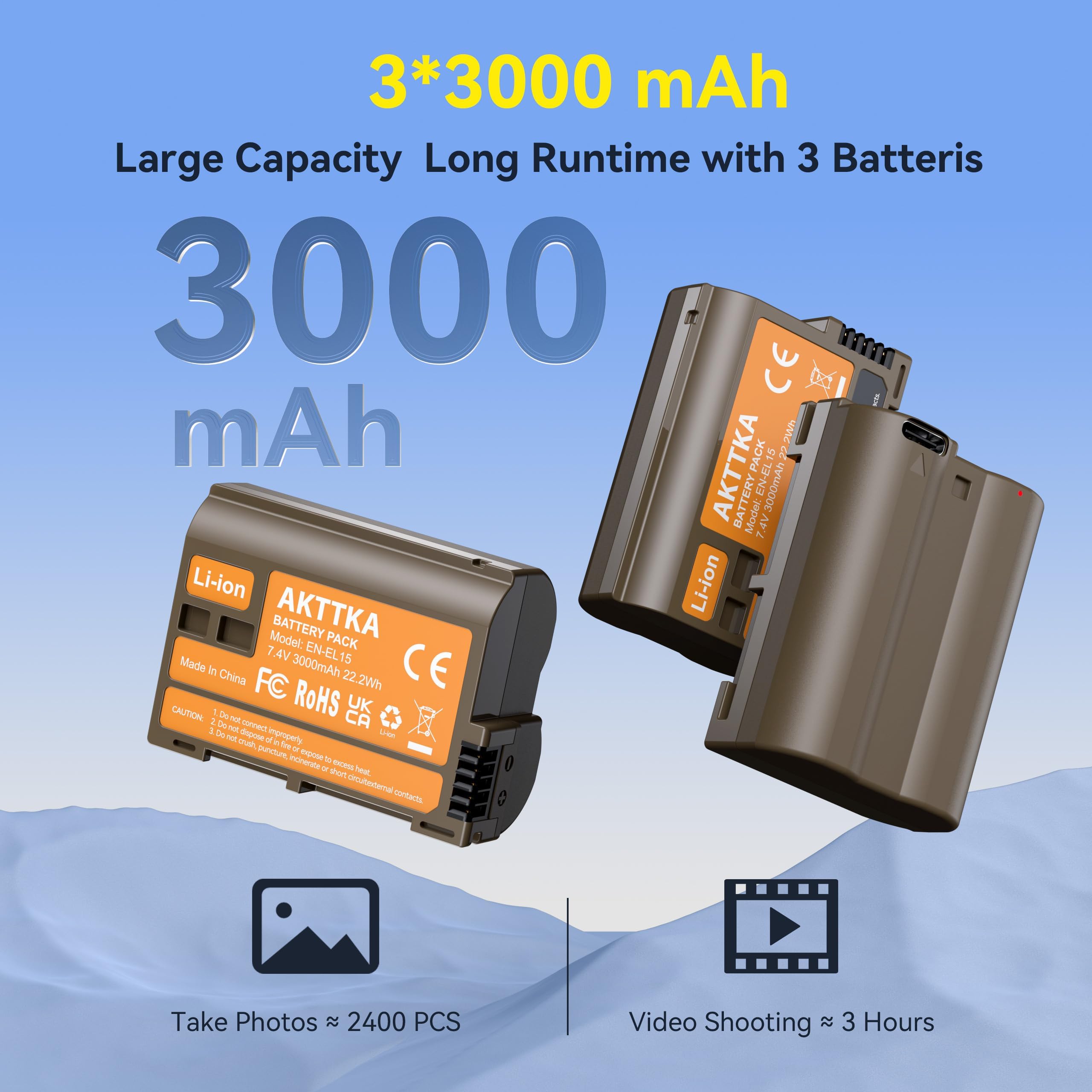 EN-EL15C Akkus 3000mAh (3er-Pack) mit direkter USB-C-Aufladung – Kompatibel mit Nikon EN-EL15/EL15C, Z8, Z7, Z6, Z5, Z6II, Z7II, Z6III, D7500, D7200, D750, D850, D780, D7000, D610, D600, D500