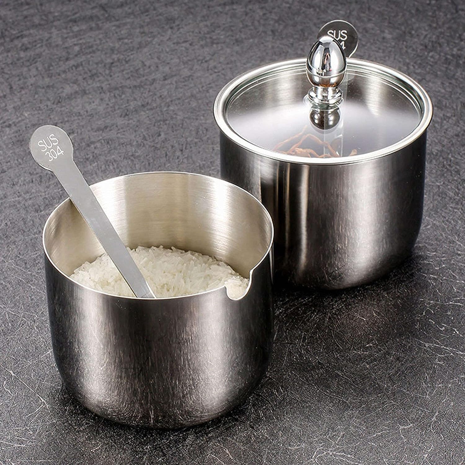 Lot de 3 pots à épices en acier inoxydable pour assaisonnement, condiments, sucre, poivre et salière pour la cuisine, argenté
