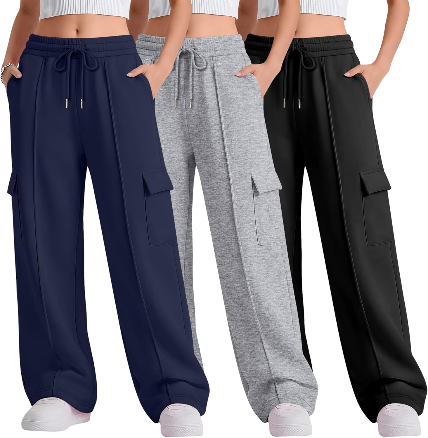 3 Pack Girls Cargo Sweatpants 5-14Y Wide Leg High Waisted Kids Baggy Drawstring Athletic Pants with 4 Pockets
