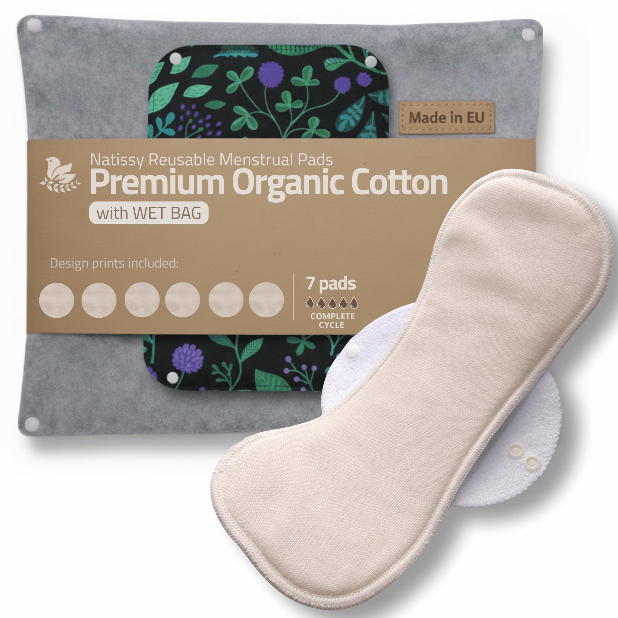 Assorbenti Lavabili Cotone Biologico; Assorbenti Riutilizzabili 7-Pack + Borsa (S,M,L,XL) PRODOTTI IN EU; Assorbenti Lavabili Piccoli Flusso Abbondante, ciclo mestruale, l’incontinenza, il dopo parto