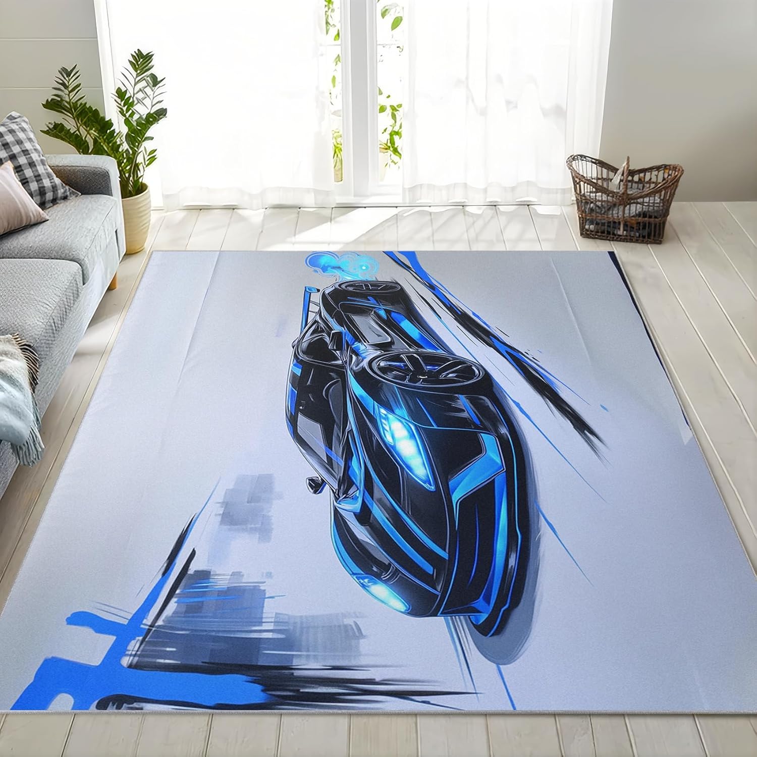 Sports Car Rugs for Boys Bedroom - 4x5 Rug - Sports Car Decor - Speed Race Car Rugs for Living Room Bedroom - Blue Racing Car Area Rug - Kids Teens Cool Carpet - Race Car Gifts for Boys