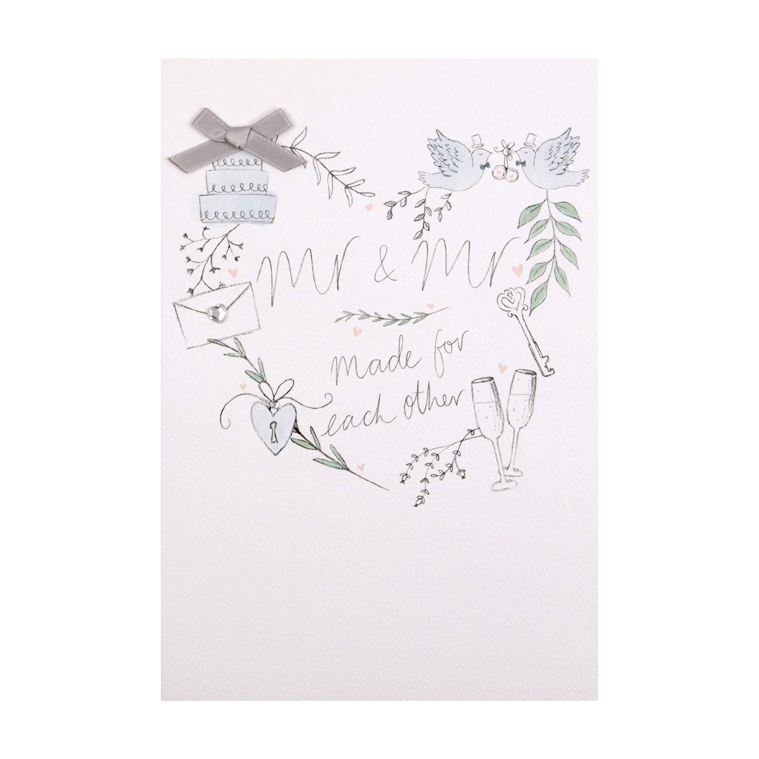 Mr & Mr Wedding Congratulations Card from - Contemporary Design with Gem and Ribbon Attachments