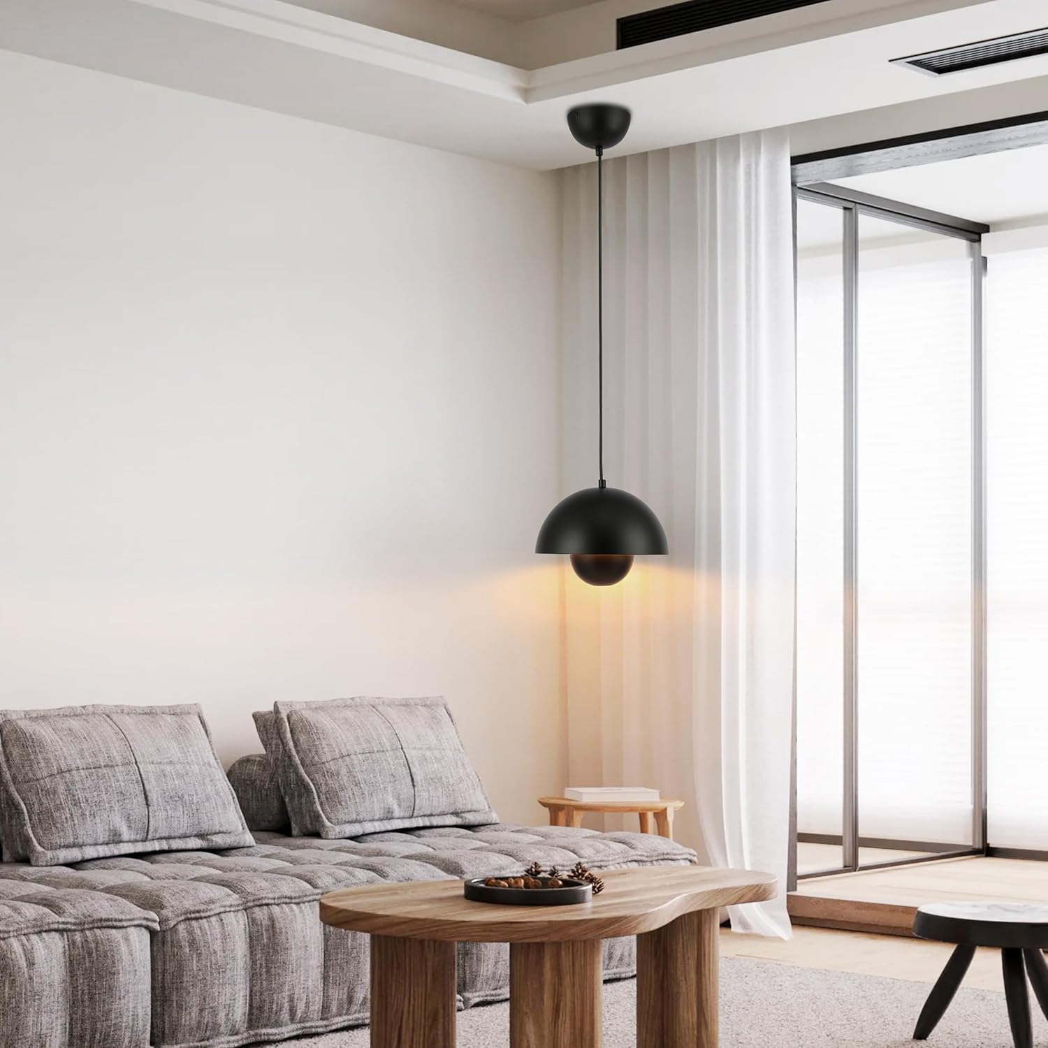 SUNLLOK Modern Black Pendant Light, Round Metal Pattern Minimalist Downward Dome Shade Ceiling Hanging Lamp, Industrial Chandelier for Kitchen Island, Dining Room, Living Room