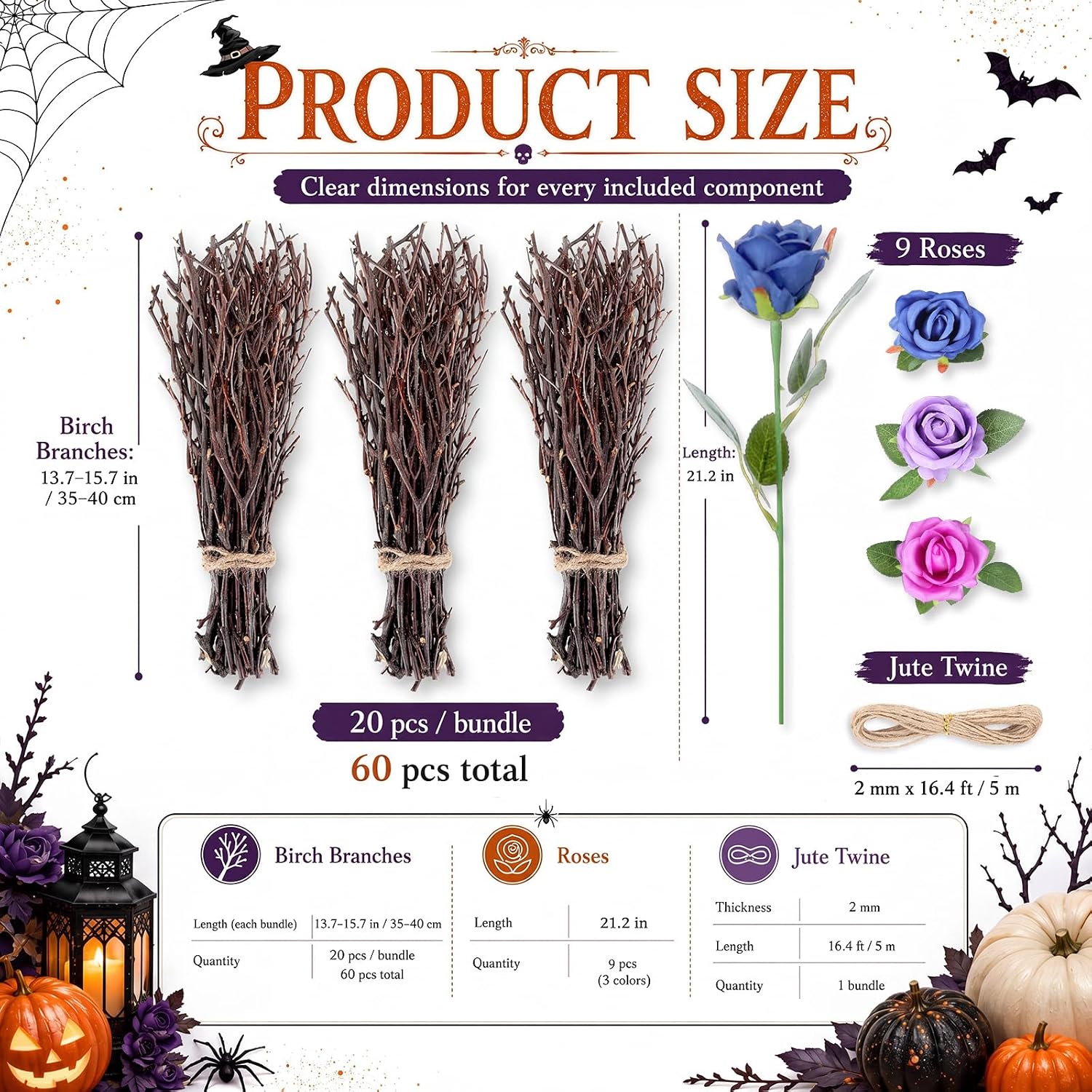 60 Pcs 15" Halloween Birch Twigs Set with 9 Pcs Artificial Roses