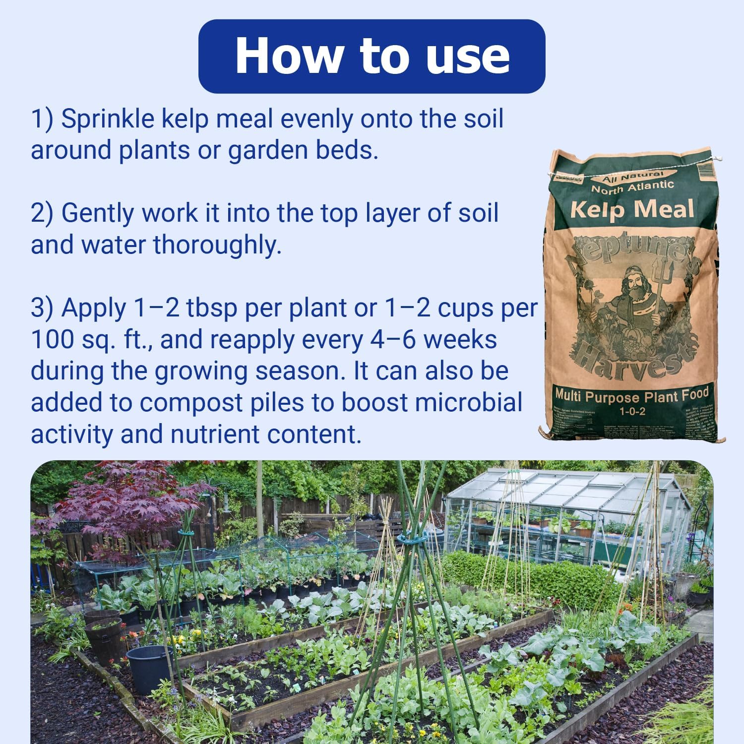 Neptune’s Harvest Organic Kelp Meal Plant Food (1-0-2) - 50 lb Resealable Bag - Multi-Purpose Seaweed Fertilizer - Indoor & Outdoor Plant Fertilizer for Lawns, Gardens, Vegetables & Bulbs