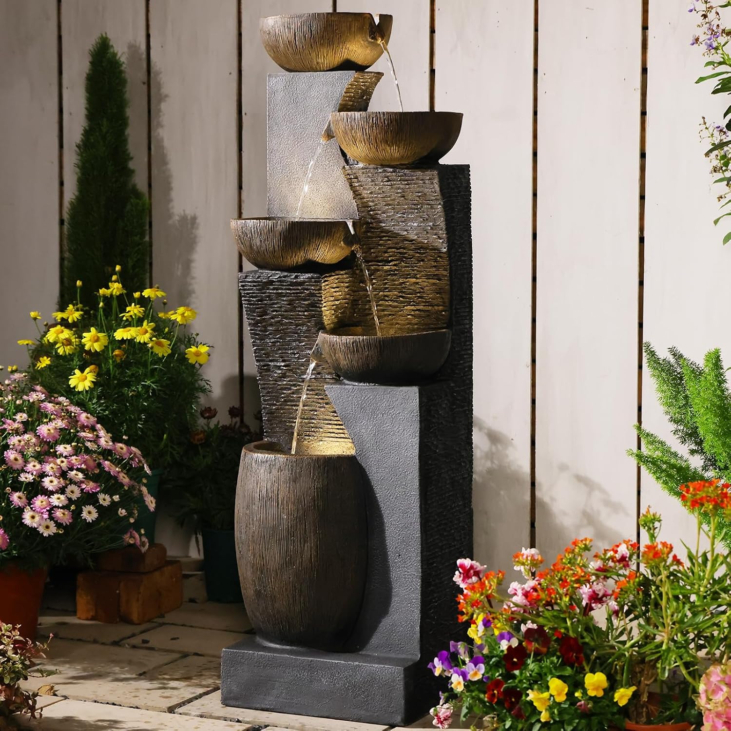 Outdoor Water Fountain - 51.4 Inches 5 Tired Modern Indoor Floor Standing Outdoors Fountains with Lights Pump for Garden Patio Backyard Porch Home Art Decor