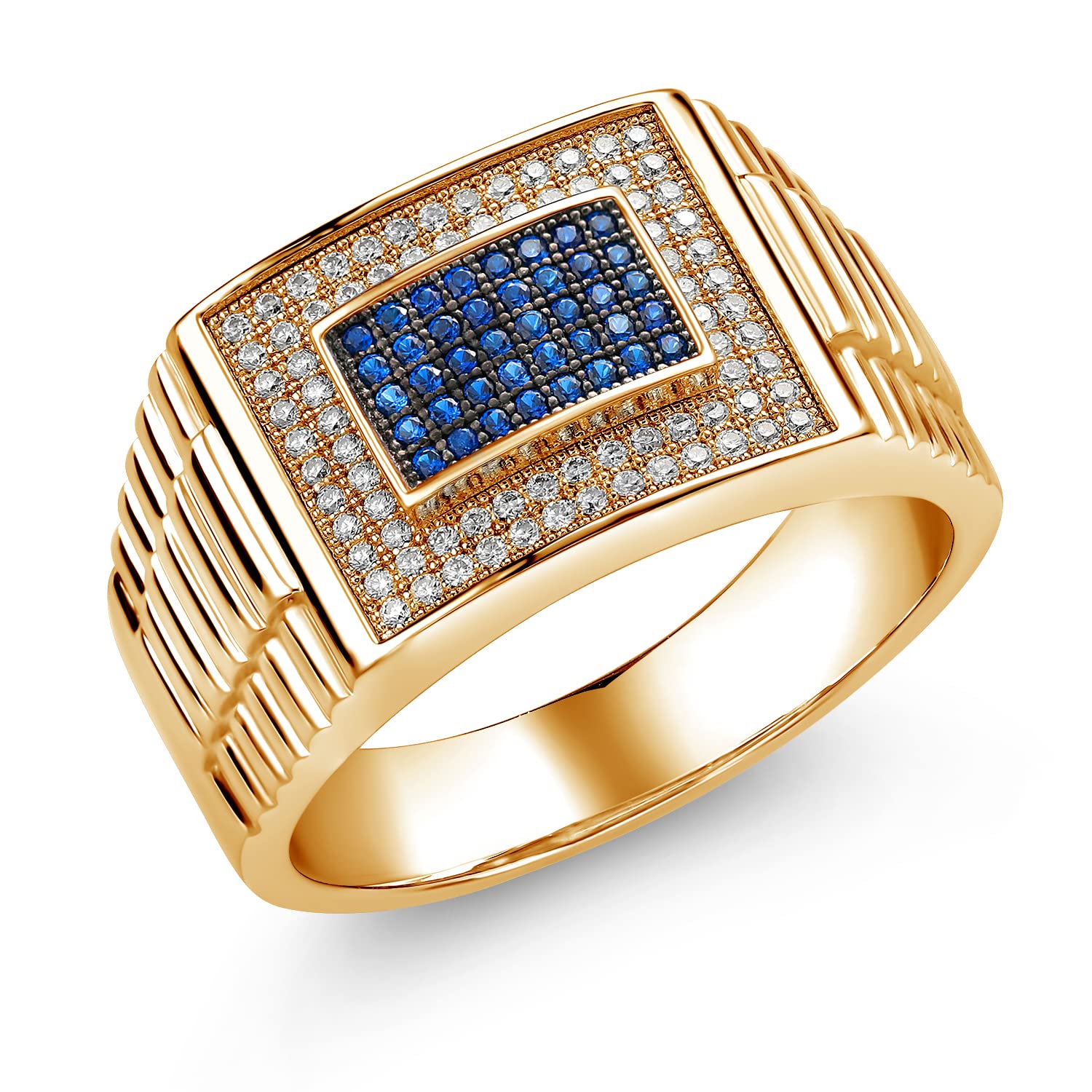 18K Yellow Gold Plated Silver Men's Blue Created Sapphire Ring Set with Moissanite (0.76 Cttw)