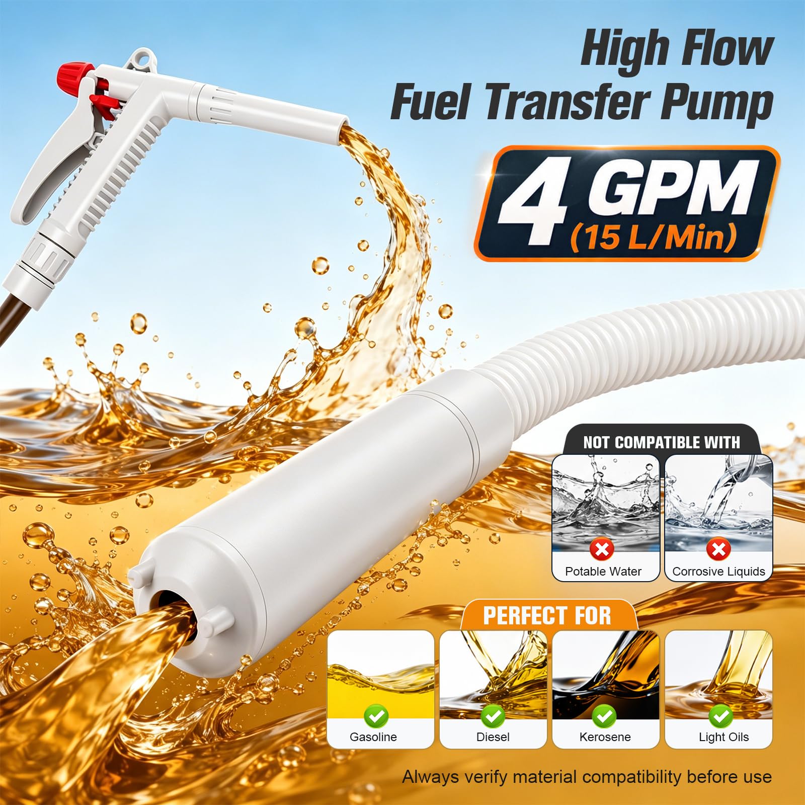 Pompe de transfert de carburant sans fil, haut débit de 15 l/min, compatible avec les batteries 18 V-21 V (non incluses), pompe à huile automatique avec tuyau de 150 cm et 4 pièces, pour