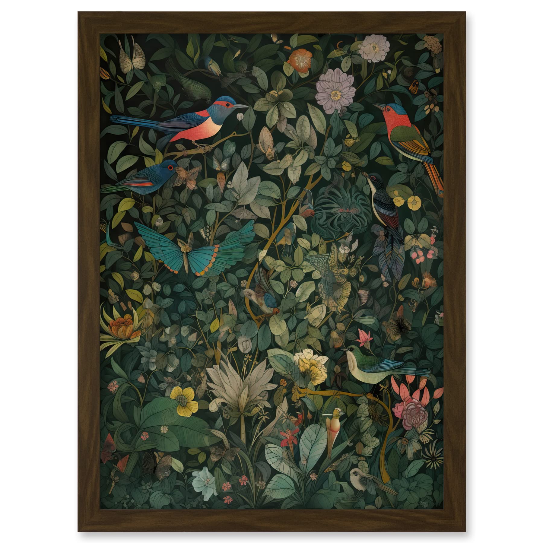 Artery8 Butterflies and Birds on Flowering Shrub Folk Art Artwork Framed A3 Wall Art Print