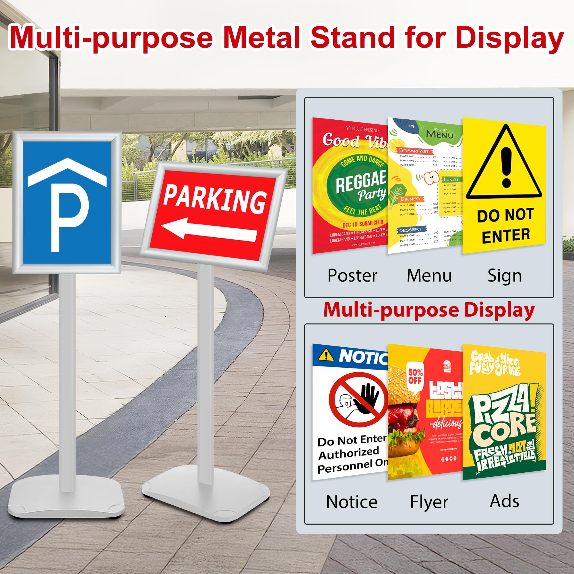 Paquete de 3 soportes resistentes para carteles de pie de 8.5 x 11 pulgadas, soporte de pie con base pesada, soportes verticales y horizontales para carteles/menús para publicidad en interiores
