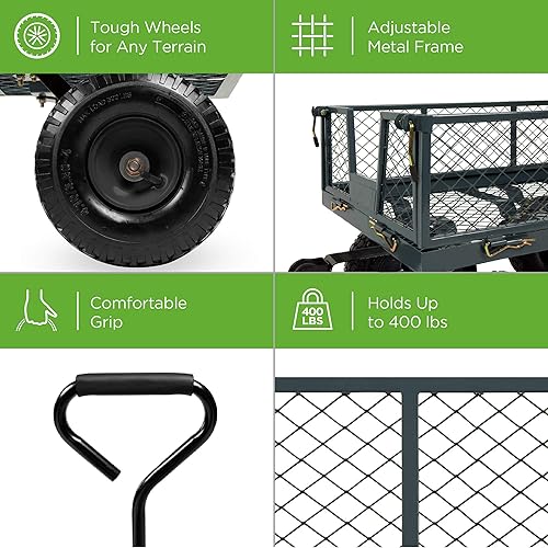 Miniatura 3 de Best Choice Products Carrito de jardín utilitario para césped, patio con capacidad de peso de 400 libras, lados extraíbles, mango largo, neumáticos
