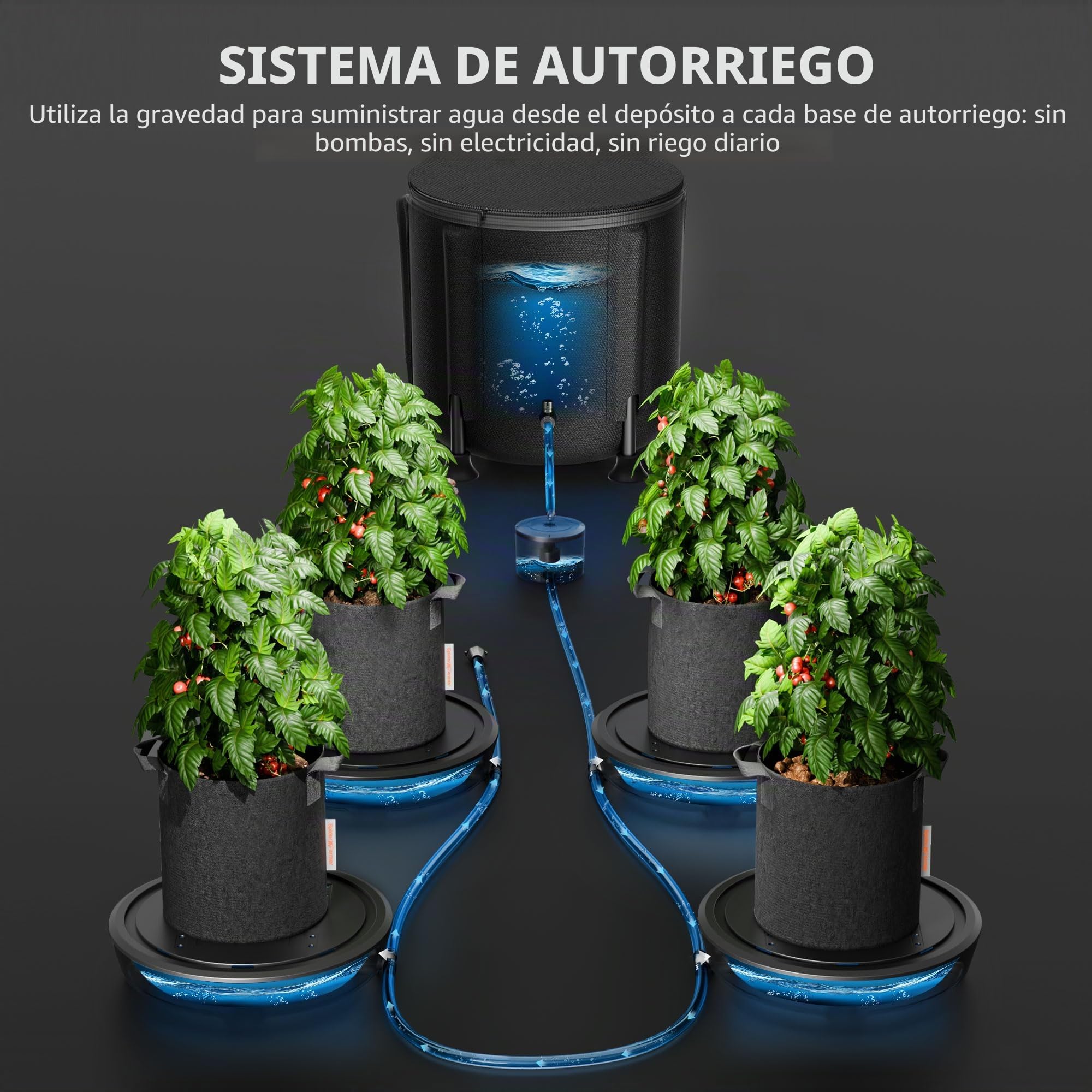 Spider Farmer Sistema de riego automático alimentado por gravedad, paquete de 4 sistemas con depósito de 13 galones y 4 bases de maceta